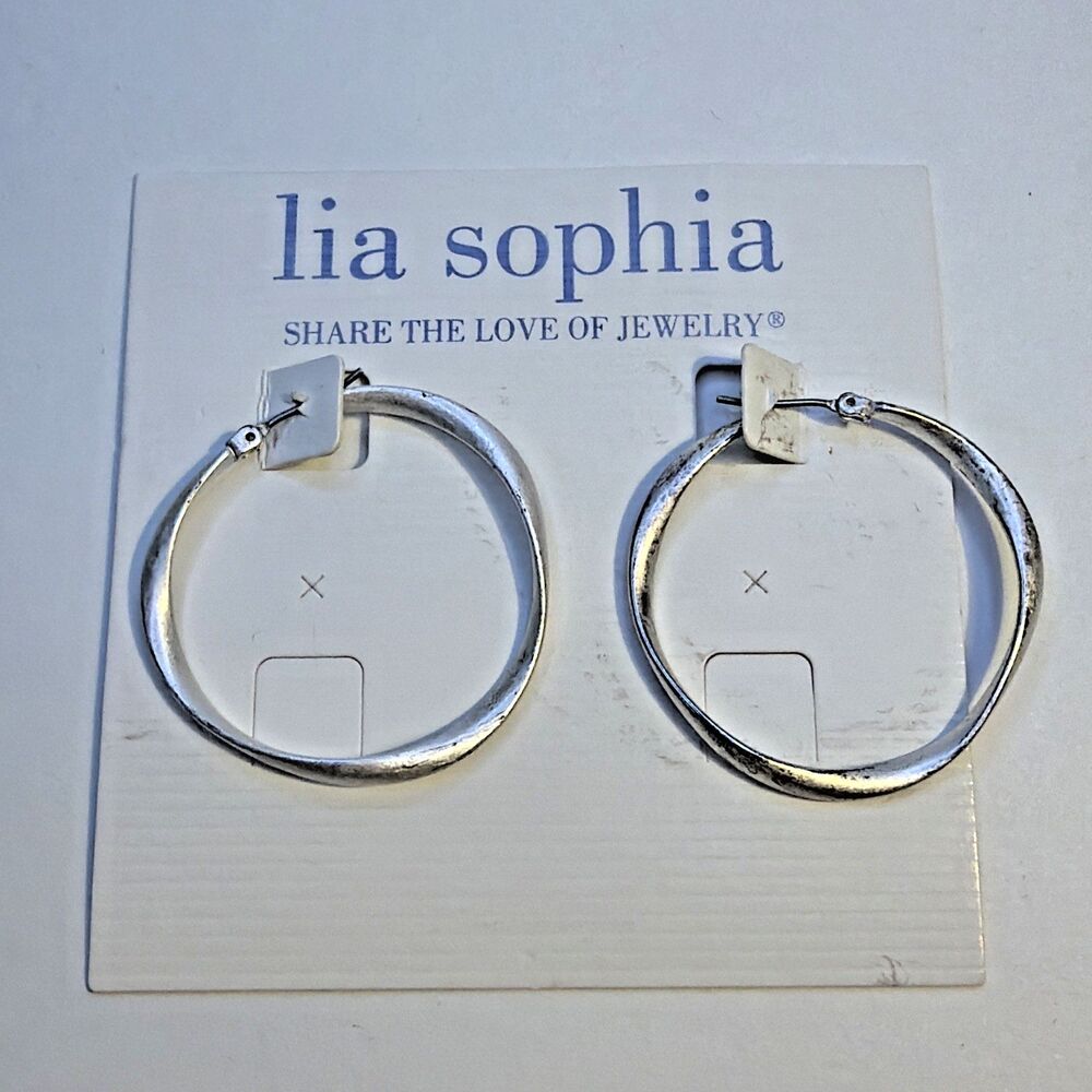 Lia Sophia Twix Hoop Earrings Matte Silver Tone Oblong Twist Geometric NIB